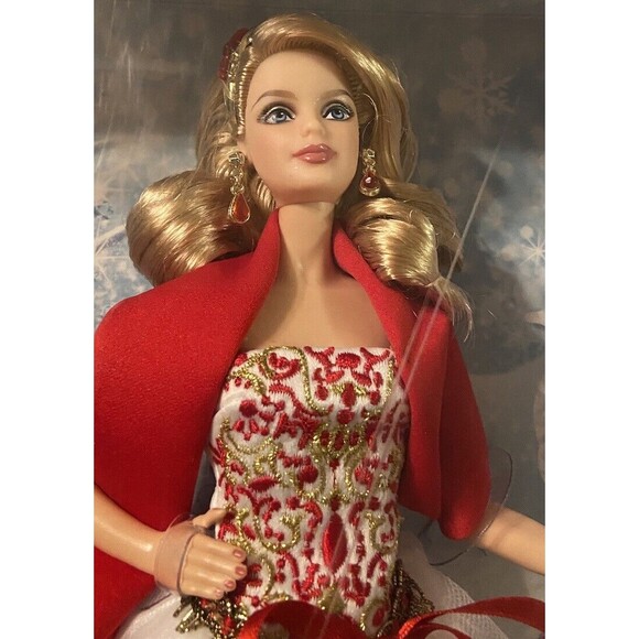 2010 Holiday Barbie Doll Red Cape White Dress Collectors Edition Mattel New Box - Picture 2 of 8
